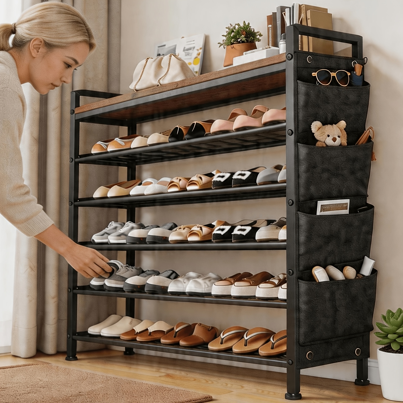Image of A Shoe Organizer Featuring Side Storage Pouches For Keeping And Showcasing Footwear, A Compact And Versatile Shoe Cabinet Ideal For The Living Room, Hallway, Bedroom, And Bathroom, In A End