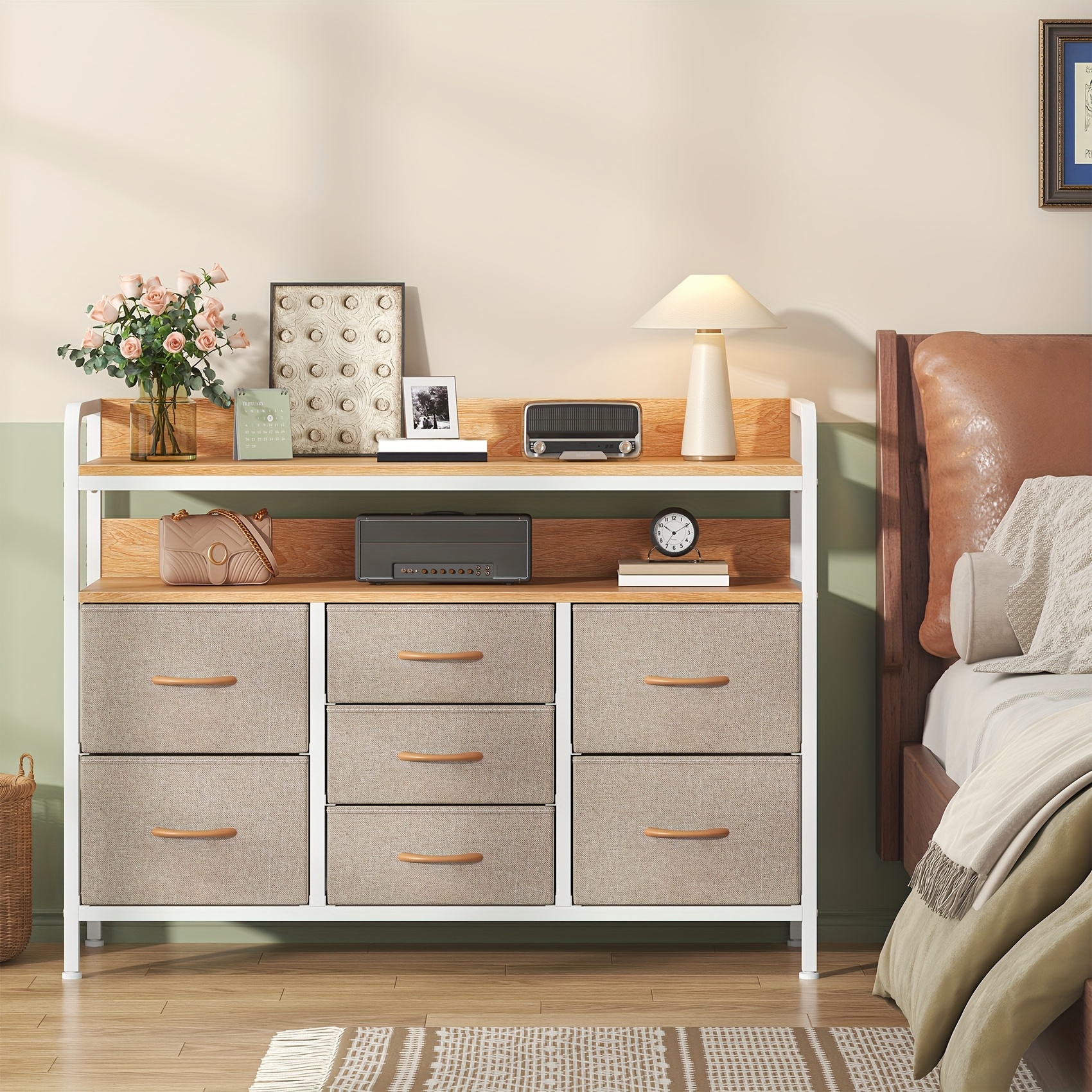 Image of Winkalon Drawer Dresser, 7 Fabric Drawers With 2 Tier Tabletop, Sturdy And Mdf, Storage Cabinet For Bedroom, Living Room, Hallway, Dark Gray/khaki/white/vintage (brown), Storage Drawer Units