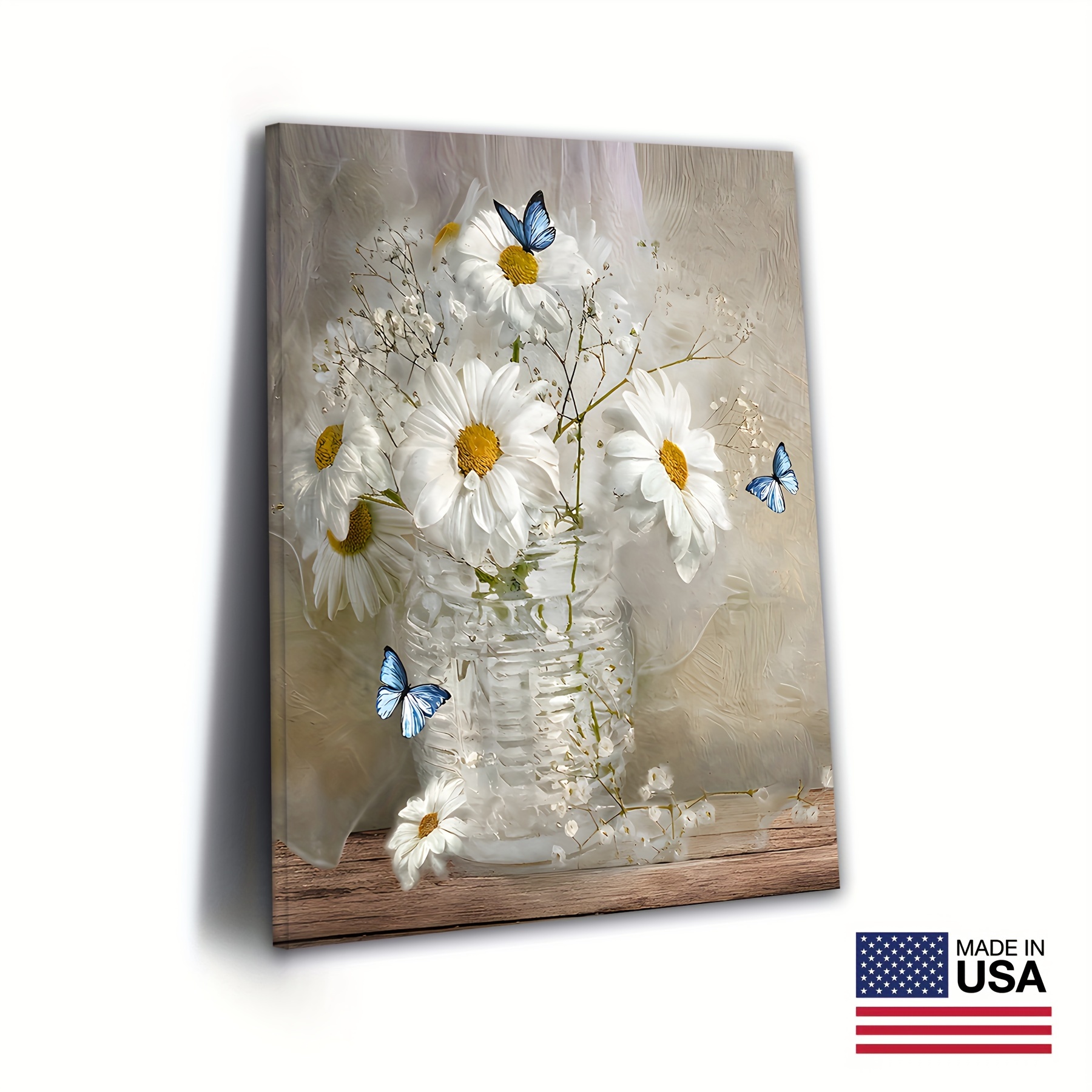 

1pc Wooden Framed Rustic Bathroom Decor Daisies Flower Wall Art Canvas Country Rustic White Flowers Blue Butterfly Canvas Prints For Kitchen Home Office Decoration, Canvas Frame