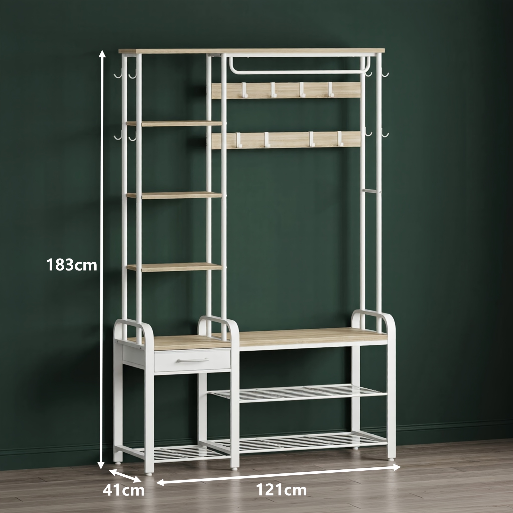 Hallway Shelf, Integrated Coat Rack With Drawers And -tiered Shoe Bench, Multi-hook Side Shelving, Versatile For Home Use, Space-, And Easy To Assemble.