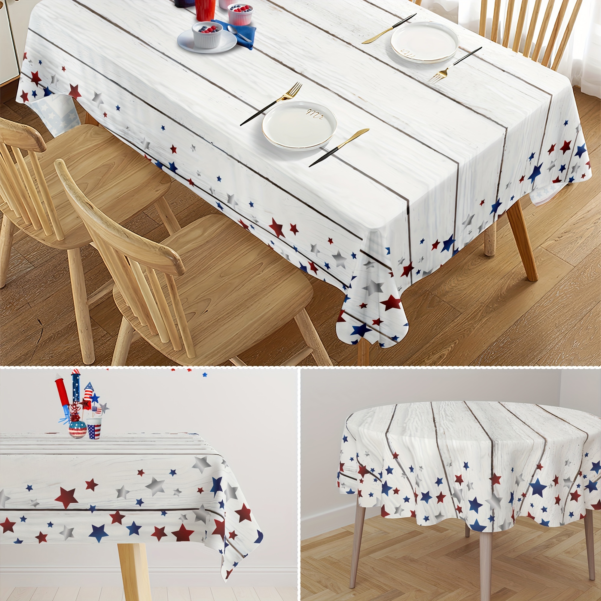 

4th Of July Patriotic Tablecloth - Waterproof Polyester, Rustic Farmhouse Star & Wood Panel Design In Red, White & Blue - Perfect For Independence Day, Memorial Day, Camping & Picnics