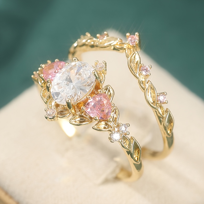 E-shop 2er-Set Retro Elegante Pinke Synthetische Zirkonia Ring, Verlobungs-Antrag Geschenk für Damen, Schmuck