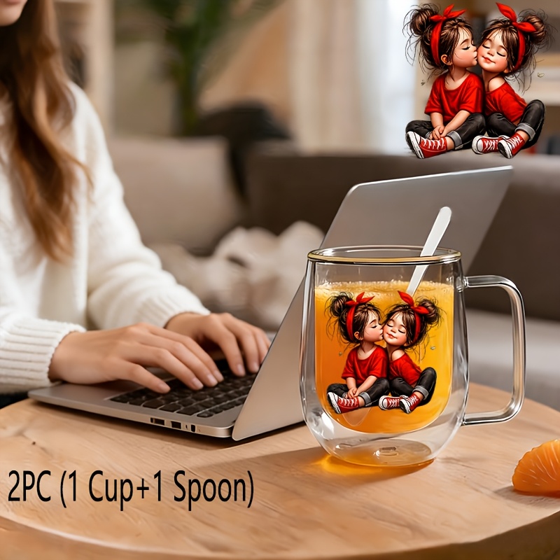 TEMU 2pcs (1pc Glass Cup And 1pc Spoon), Insulated Double-walled Borosilicate Reusable Water Cup With Handle, Large Capacity Clear Coffee Mug For Hot