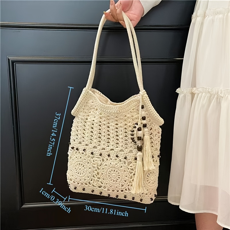Women's Tote Bag, Vacation Bag in Khaki/Beige, Crochet Boho Hobo Bag, Beach Bag for Women, Bohemian Woven Handbag, Summer Vacation Beach Handbag, Bohemian Crossbody Bag with Tassels