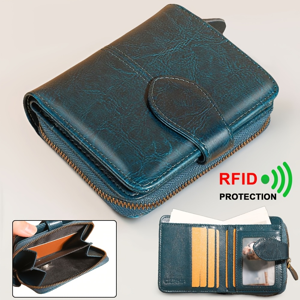 

Vintage Women's Short Leather Wallet With Rfid Shielding And 7 Card Slots, Coin Pocket, Snap Closure - Guangzhou Made Polyester Lined Compact Wallet