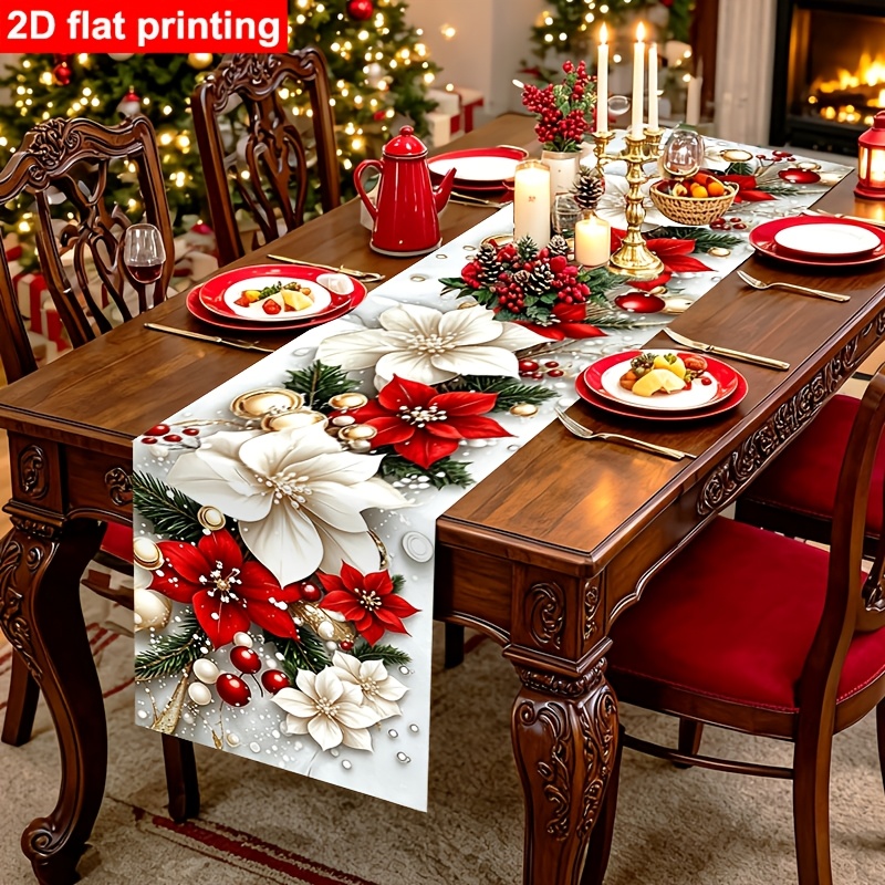 TEMU Camino de mesa navideño retro estampado plano 2D, 1 pieza, de mesa festivo de poliéster, de puntos de nieve, bolas de Navidad, de pino y flor de