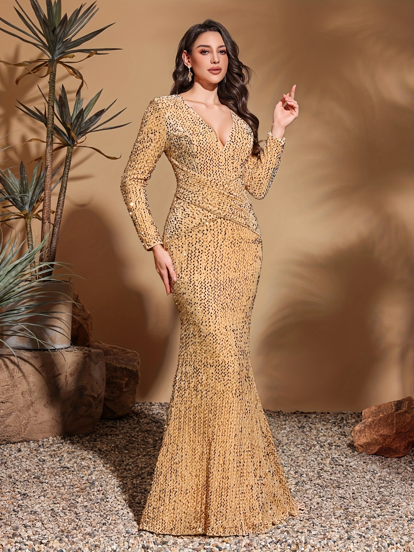 colored long sleeve v neck mermaid dress elegant - Temu