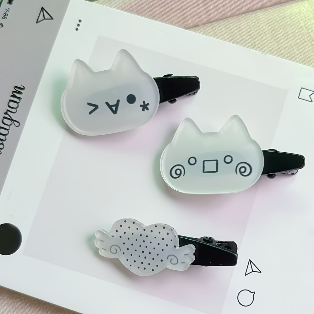 TEMU 3pcs Cartoon Cat Hair Clip Set, Simple Duckbill Clips, Line Art, Side Clips, Sweet Hair Clips, Women's Hair Accessories, Heart And Polka Dot