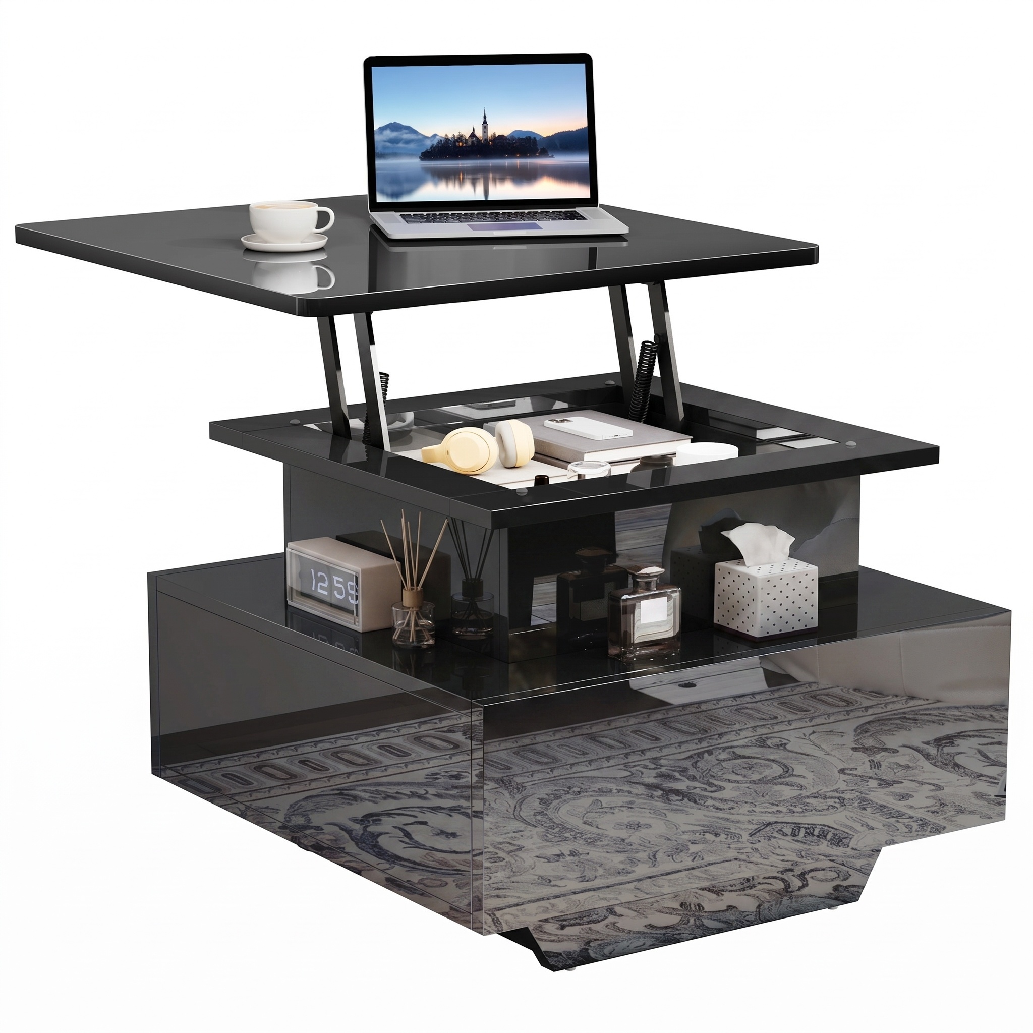 Height Adjustable Modern Coffee Table, 60x60x45cm High Gloss Living Room Table With Open Display Shelf And 2 Drawers