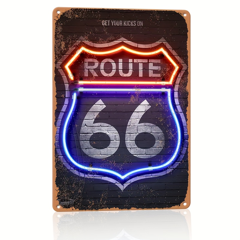 

Vintage Route 66 Neon Sign Metal Tin Wall Art - Retro Highway Emblem Plaque For Bar, Restaurant, And Street Decor, Durable Non-electric Nostalgic Poster Without Battery, Featherless - 12"x8" (1pc)