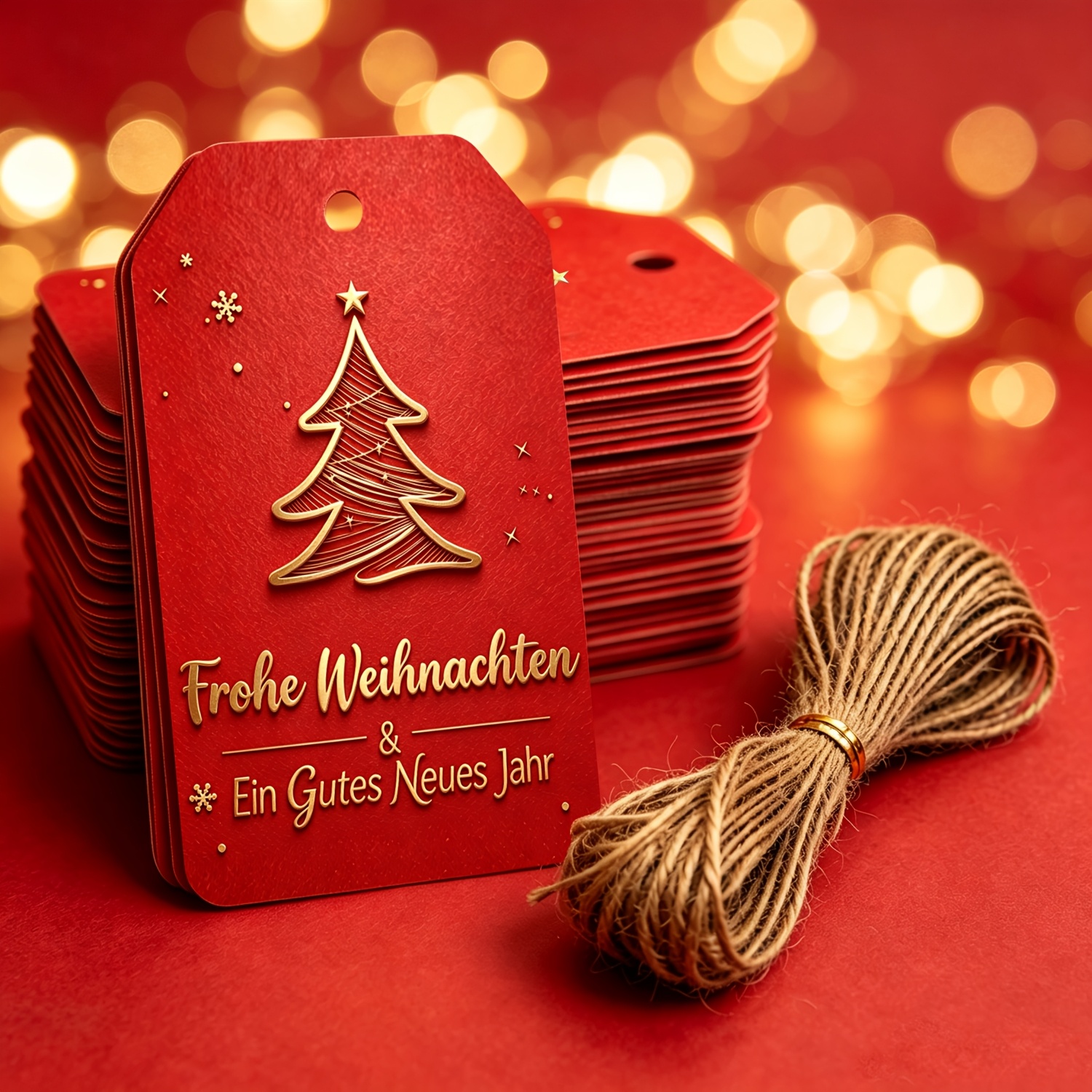 Image of 49pcs 2d Flat Christmas Decor Tags, Red Background Golden German Christmas Tree Holiday Message Cards, Gift Packaging Hemp Rope Hang Tags German New Year Style