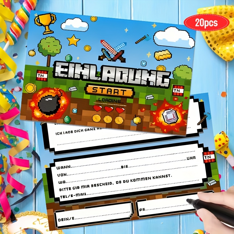 E-shop 20 Stück EINLADUNG START Geburtstagsparty Einladungen - Pixel Art Thema mit "EINLADUNG START" Design, Inklusive RSVP & Geschenkeliste, Bunte