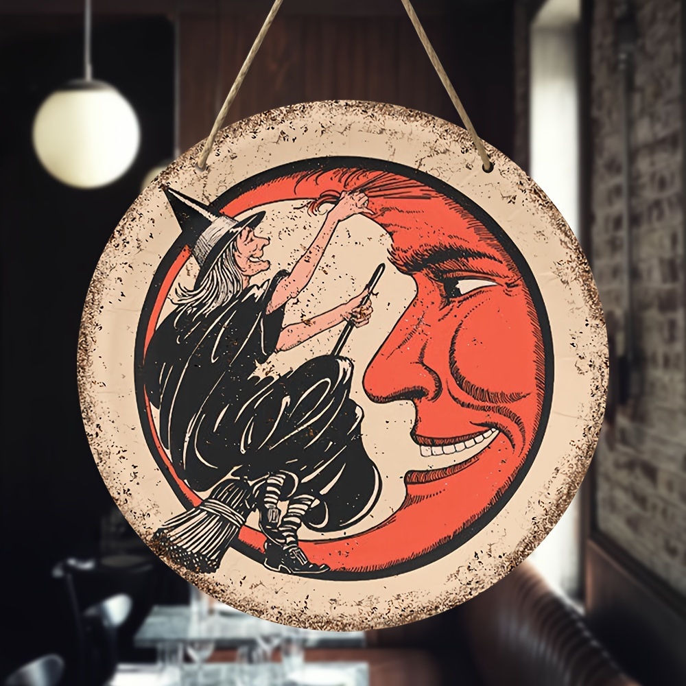 

Vintage Witch And Moon - 8x8 Inch Round Manufactured Wood Decorative Plaque, Wall Hanging For Home Bar, Pub, Garage, Hotel, Garden - Multipurpose Aesthetic Room Decor For Home And House Decoration