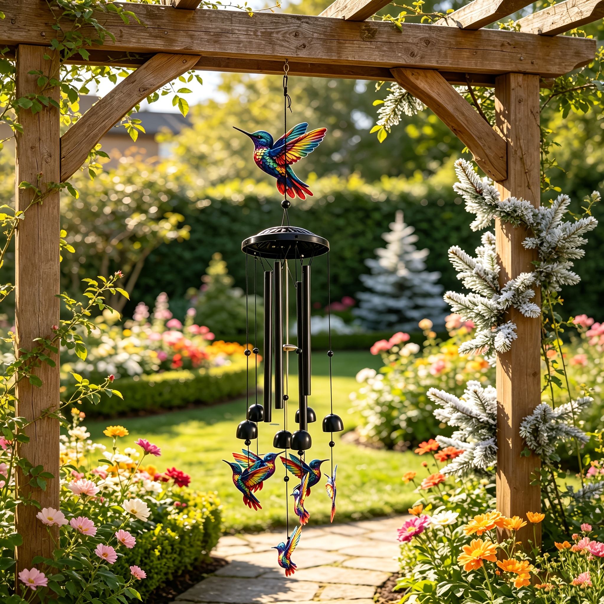 TEMU Colorful Hummingbird Hanging Wind Chime, Metal Tubes And Bells Windchime, Decorative Wind Chime With Vibrant Hummingbird Ornaments, Indoor