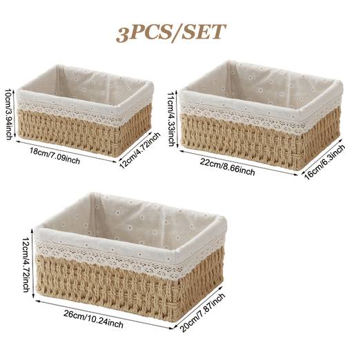 3pcs boho chic rattan woven storage basket set handcrafted cosmetic organizer vintage country style with fabric lining stackable rectangular gift boxes for storage bins for