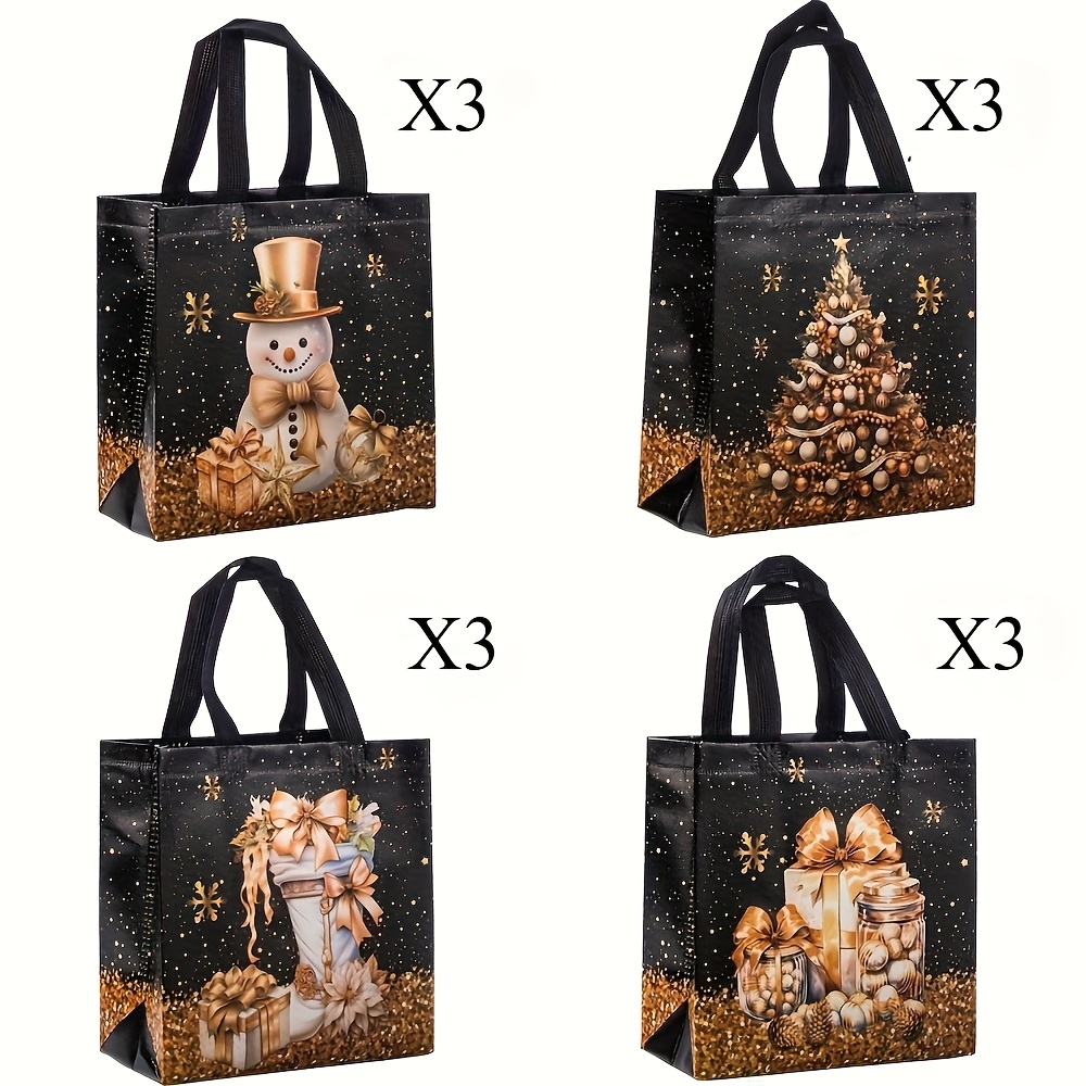 TEMU Set Of 12 Black Gift Bags For Christmas Featuring Festive Designs Of Snowmen, Christmas Trees, And Snowflakes. Made From Durable Non-woven