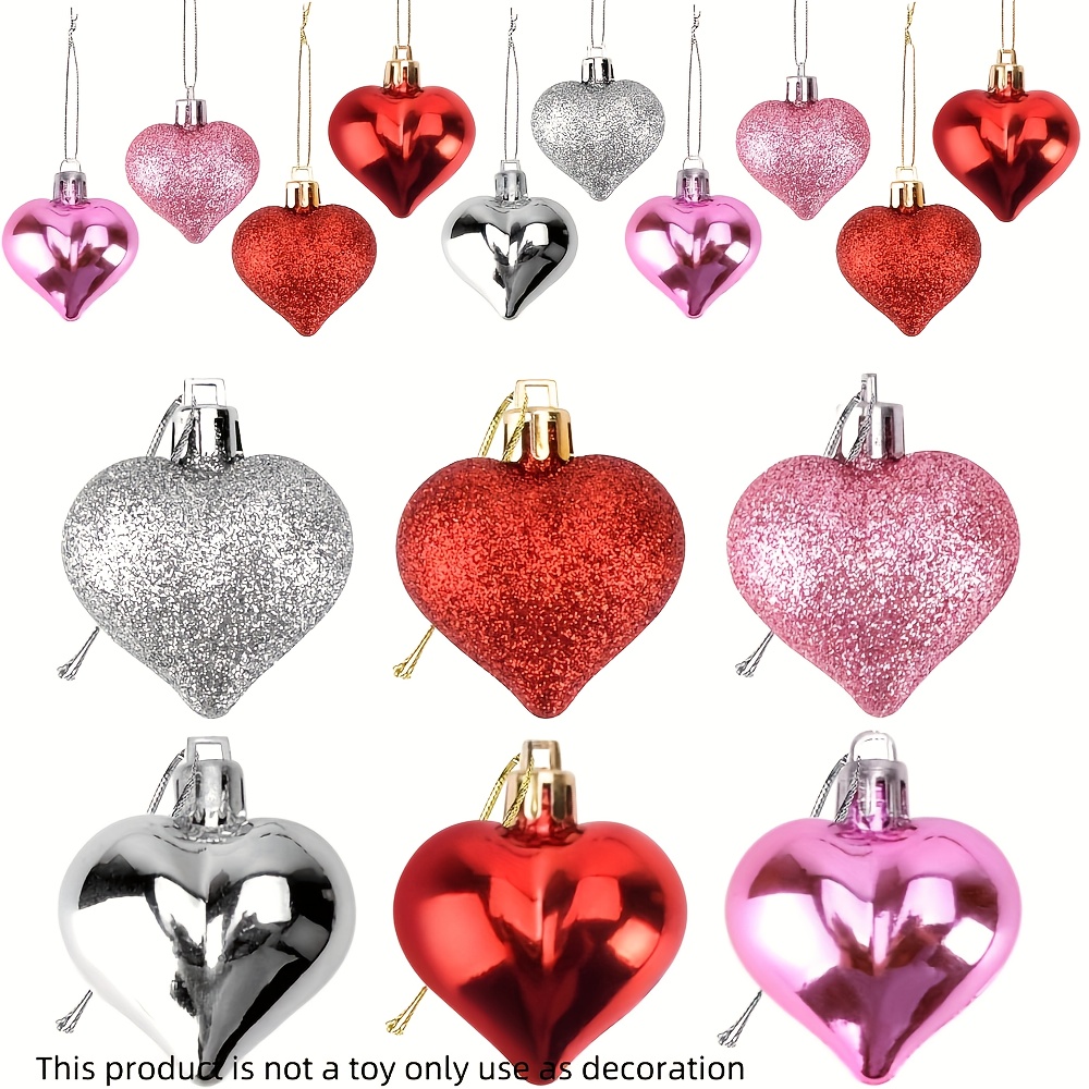 

24pcs And Glitter Heart-shaped Ornaments For Valentine's Day, Plastic Hanging Baubles For Home Decor, Valentine Tree, Wedding Anniversary Party, Decorations