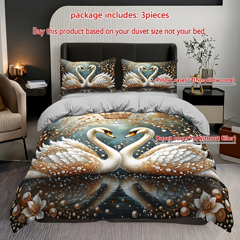 Image of 3pcs Crown Swan Gemstone Duvet Cover Set (1 Duvet Cover + 2 Pillowcases, Pillow Inserts Not Included), Home Dormitory Hd Printing