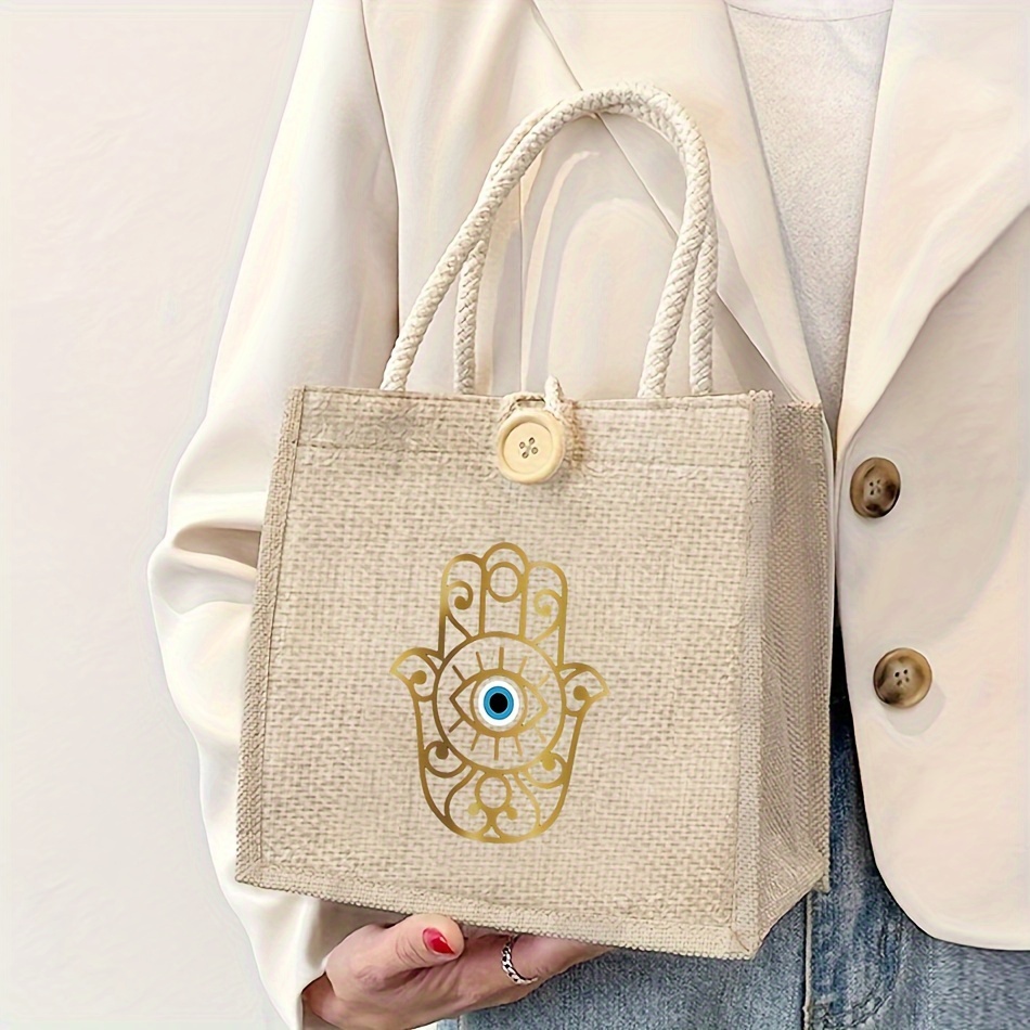 

Evil Eye Linen Tote Bag - Hand Washable Polyester Teacher's Day Gratitude Gift, Portable Shopping Tote With Closure For Nurses, Doctors, And Educators