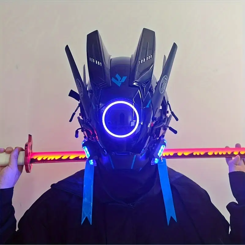 Cyberpunk LED-masker – Blauw Licht, Verstelbaar, Zwart PC-materiaal, Voor Cosplay En Disco, Volwassenen
