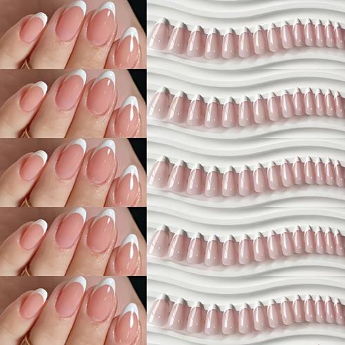 48pcs french tip false nails suitable for women short almond pre made acrylic nails with base glossy full cover reusable diy extensions for daily wear spring summer press nails