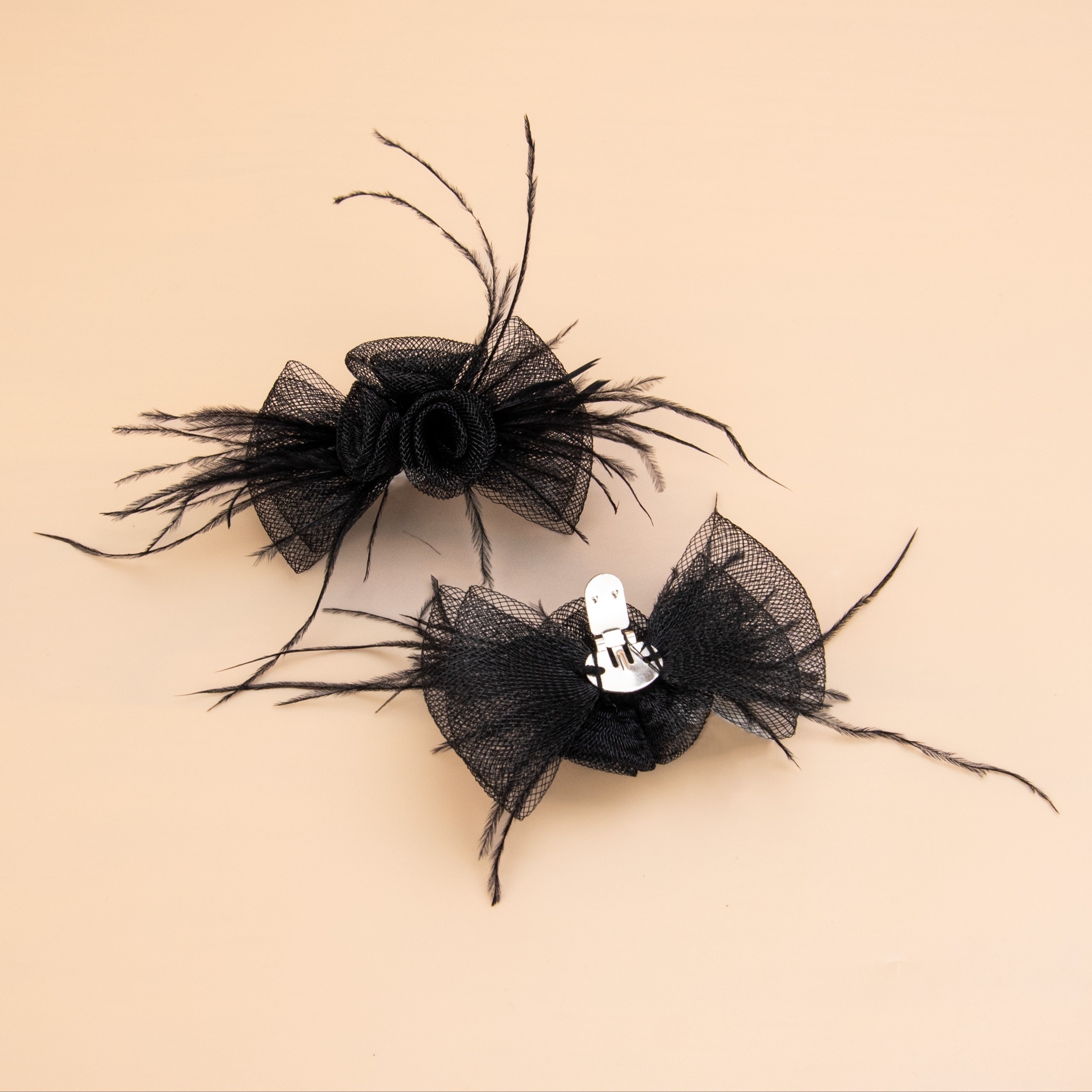 2pcs Elegant Black Mesh Bow & Feather Detachable Shoe Clips - Chic Twist , Polyester, For Wedding & Party High Heels, Shoe Accessories