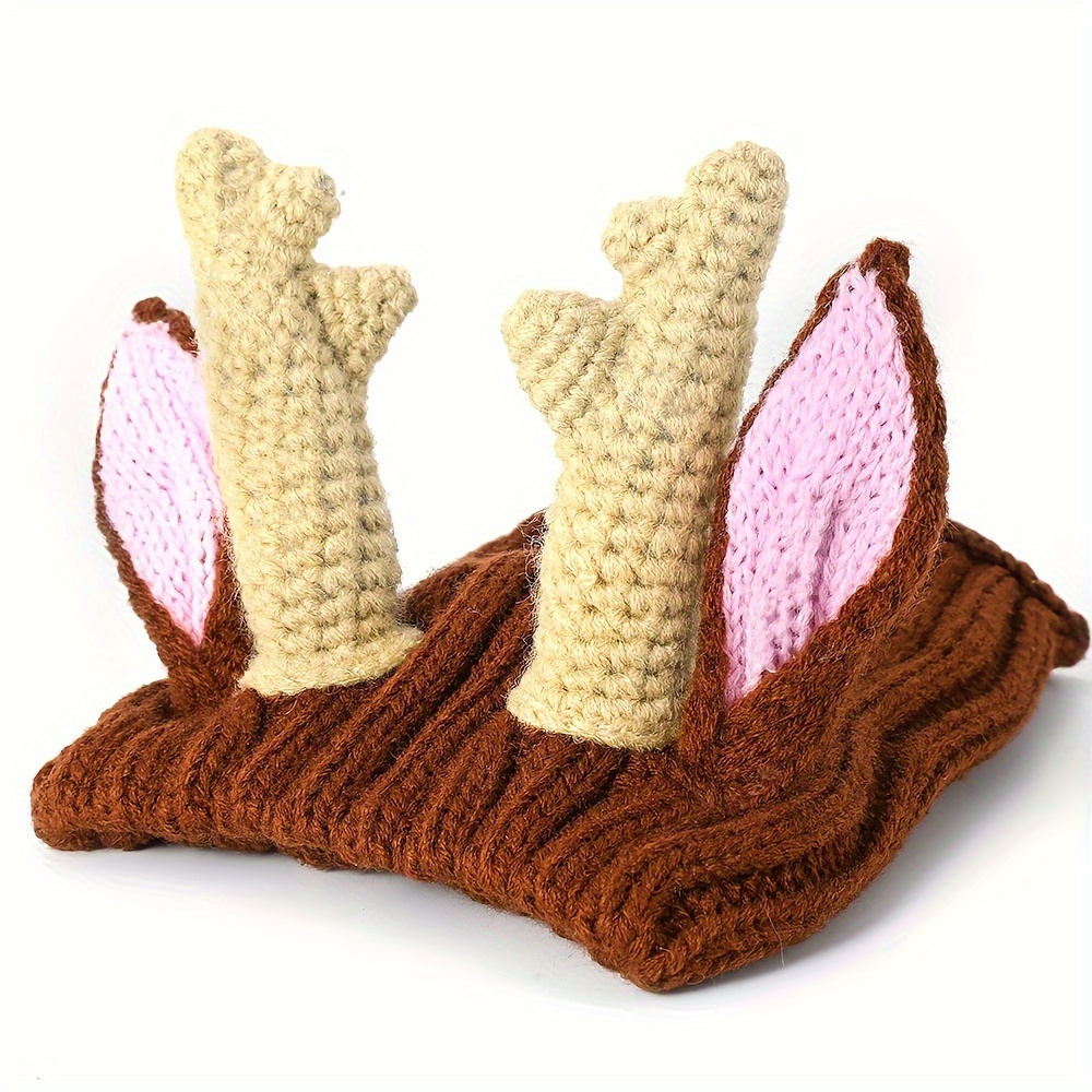 TEMU 1pc Cozy Knit Pet Hat For - Elk With Antler Earmuffs, 100% Polyester Warm Winter Hat For Halloween Christmas New Year, Anxiety Relief For Small Medium Large Pets