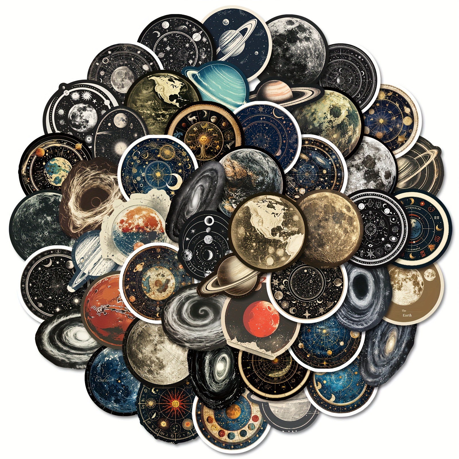 50 Cartoon Retro Universe Starry Sky Stickers Featuring Planets And Stars, Perfect For Decorating Water Bottles And Notebooks