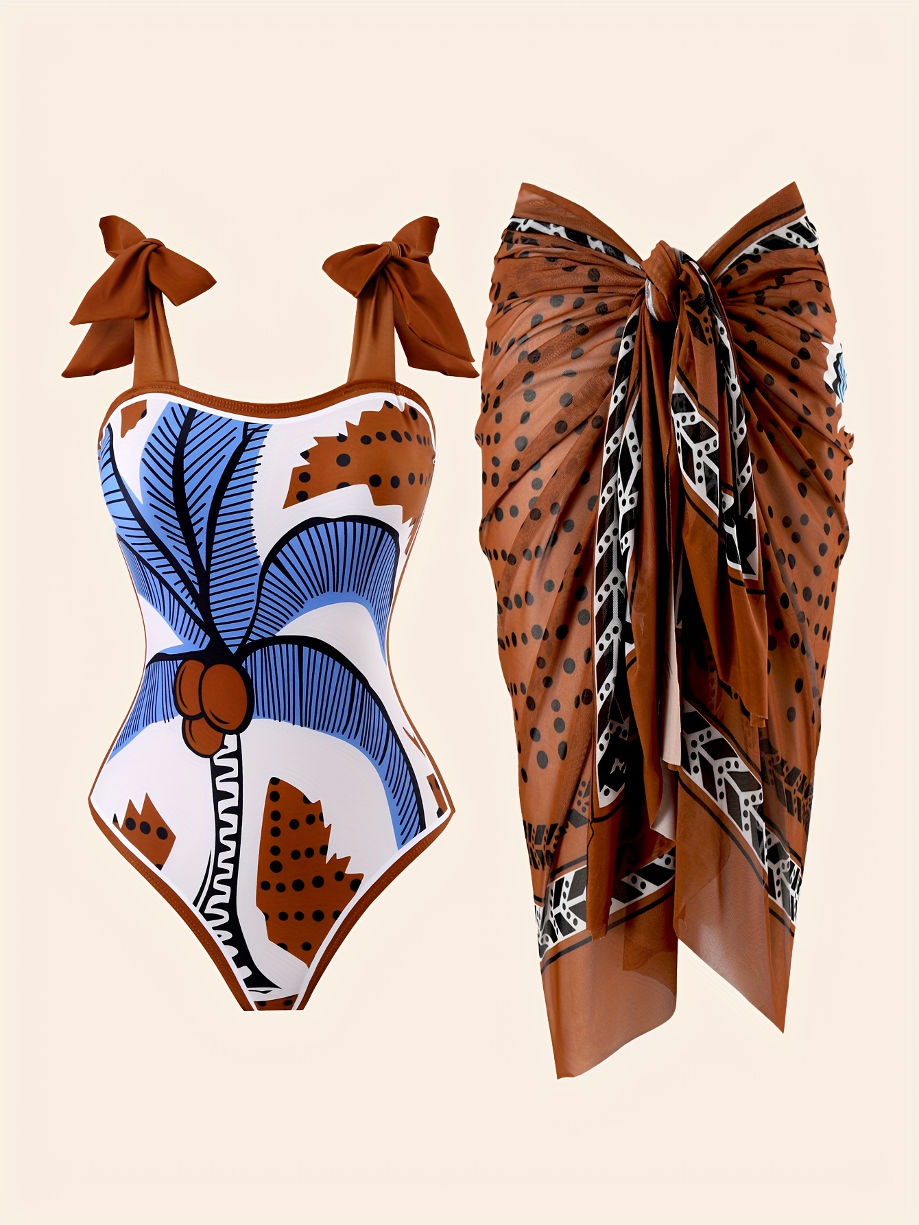 two piece set with tropical palm print one piece swimsuit and mesh skirt