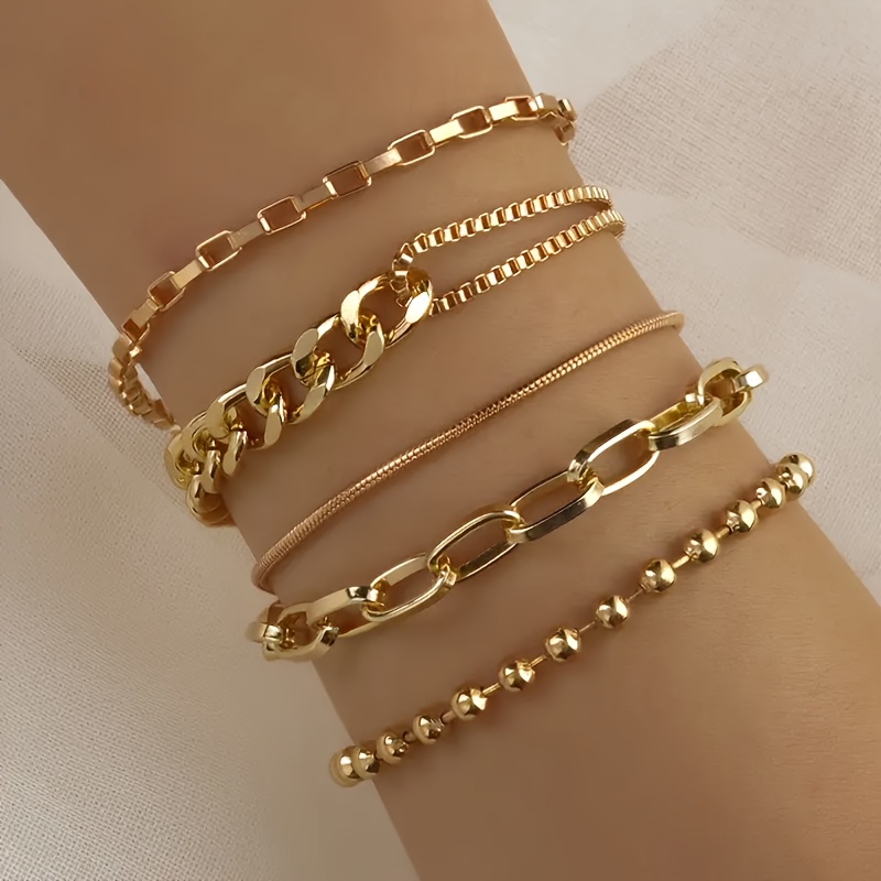 

5pcs Vintage Chain Bracelet Set 14k Plated Alloy Multi Hand Chain Bracelet Set