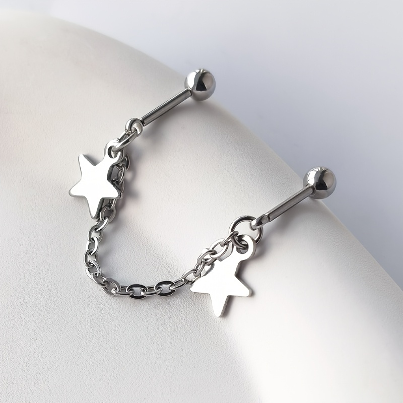 TEMU 1pc Conjoined Chain Star Pendant Floating Industrial Piercing Barbell Stainless Steel Earring Ear Helix Piercing Ear Stack Body Jewelry