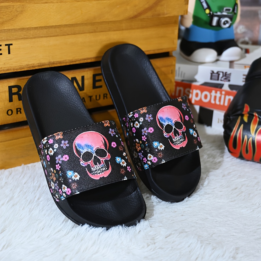 Image of Women's Skull Flower Pattern Christmas Dark Bathroom Slippers Suitable For Indoor Wear Sole Hand Wash Fabric Upper And Eva Insole Home Bathroom Sandals, Women Shoes