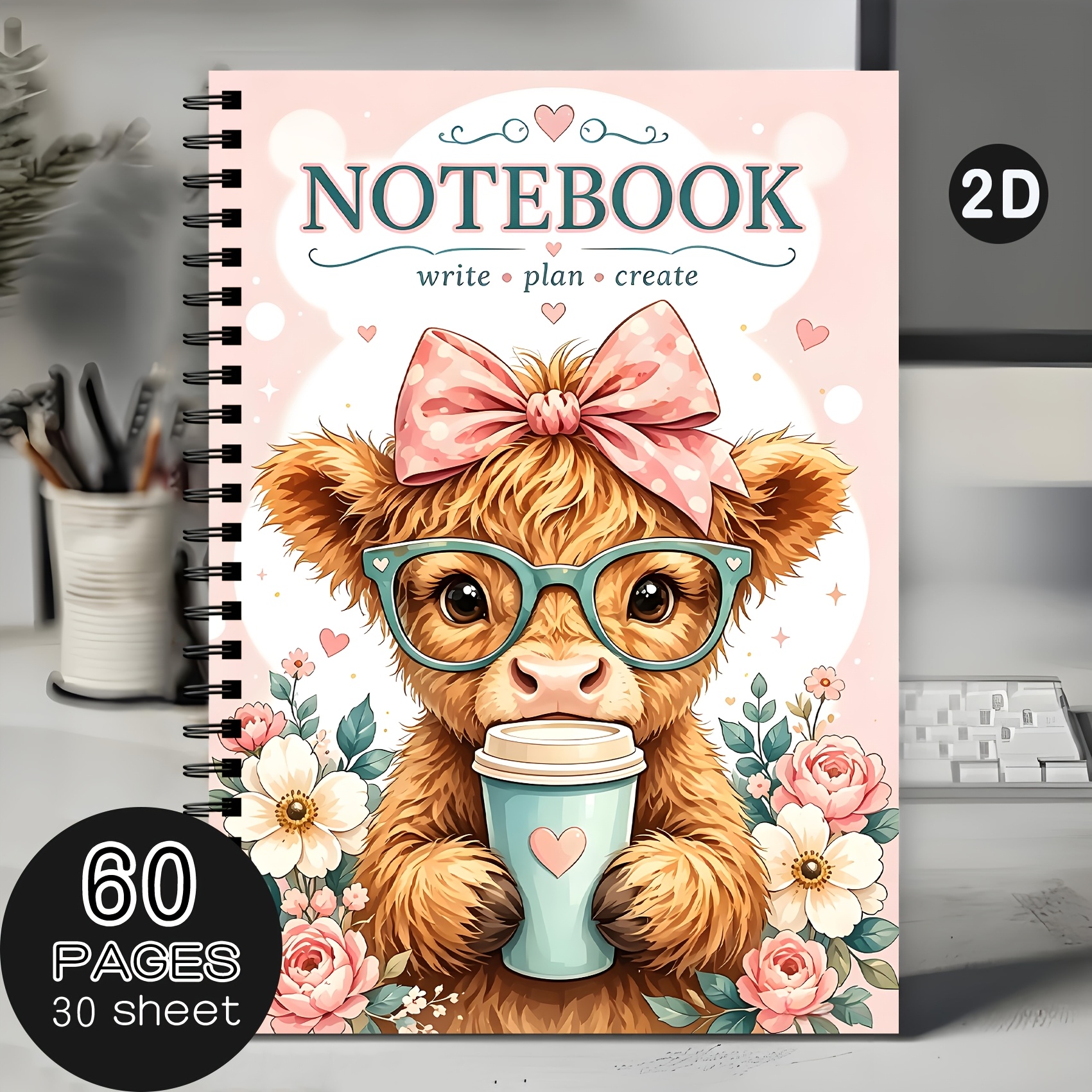 TEMU Cute Highland Cow With Bow Glasses Spiral Notebook, 30 Inner Sheets (60 Pages Total), Pocket-sized Personal Notebook For , Holiday Musings, And