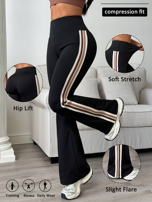 dames casual sportieve hardloopbroek met kleurblokken, gestreepte wijd uitlopende lange pijpen