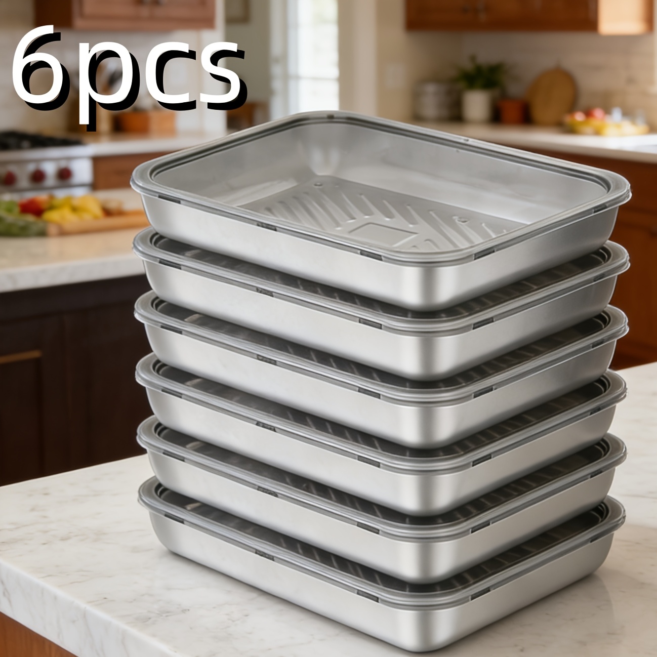 TEMU 6pcs 7.09in*5.12in Rectangular Food-grade Stainless Steel Trays With Lids, Reusable Storage Boxes, Versatile Kitchenware For Dumpling Serving,