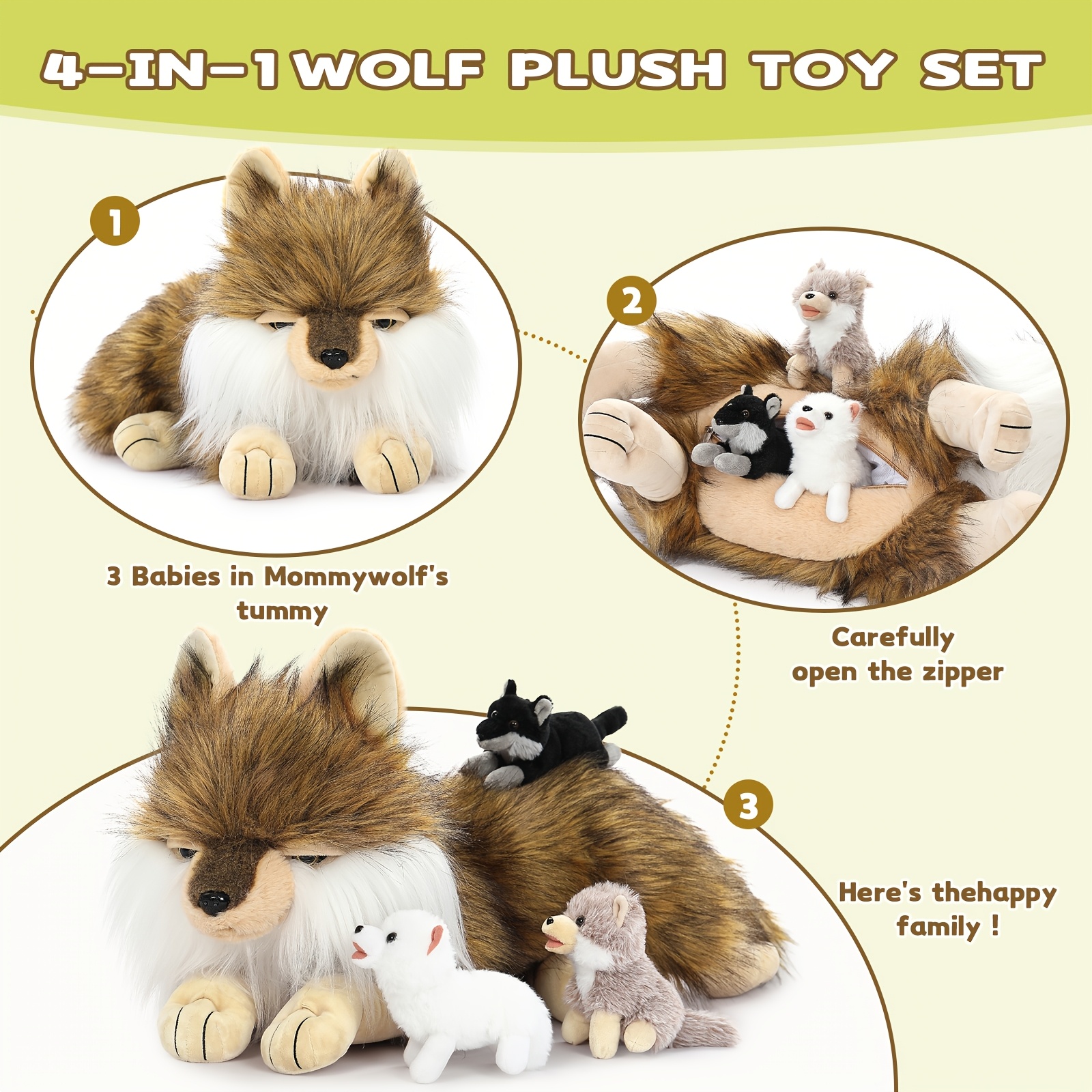 4pcs Mother & Baby Wolf Plush Set, 50cm Soft Toy