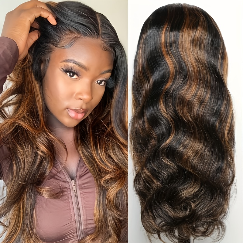 5x5 glueless lace front wig with brown highlights   loose body wave human hair wig 200 density long black hairpiece for women   natural look wig accessories versatile hairpiece pre  hairline Product details 1
