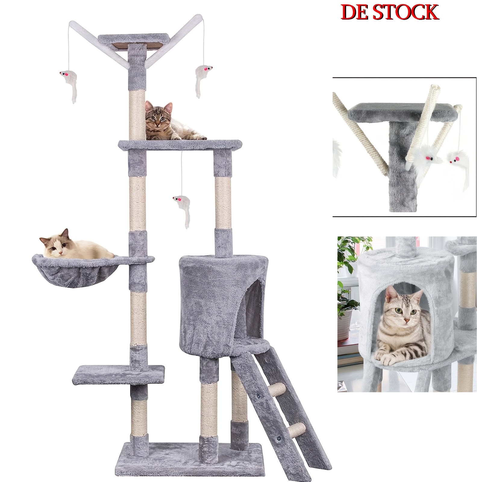 140cm Turn pentru Pisici cu Scară, Turn de Cățărat pentru Pisici, Mobilier de Activitate pentru Animale de Companie, Casă de Joacă, Pat Pufoasă Detașabilă, Gri