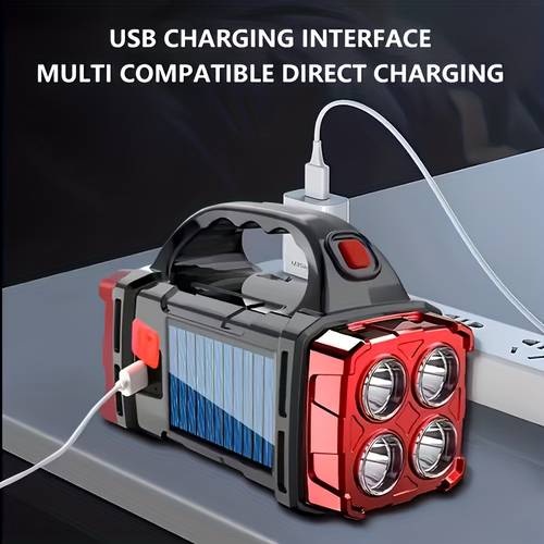 1pc portable solar flashlight high brightness led handheld flashlight with cob floodlight 4 usb rechargeable abs emergency work light suitable for construction work hiking repairs and fishing