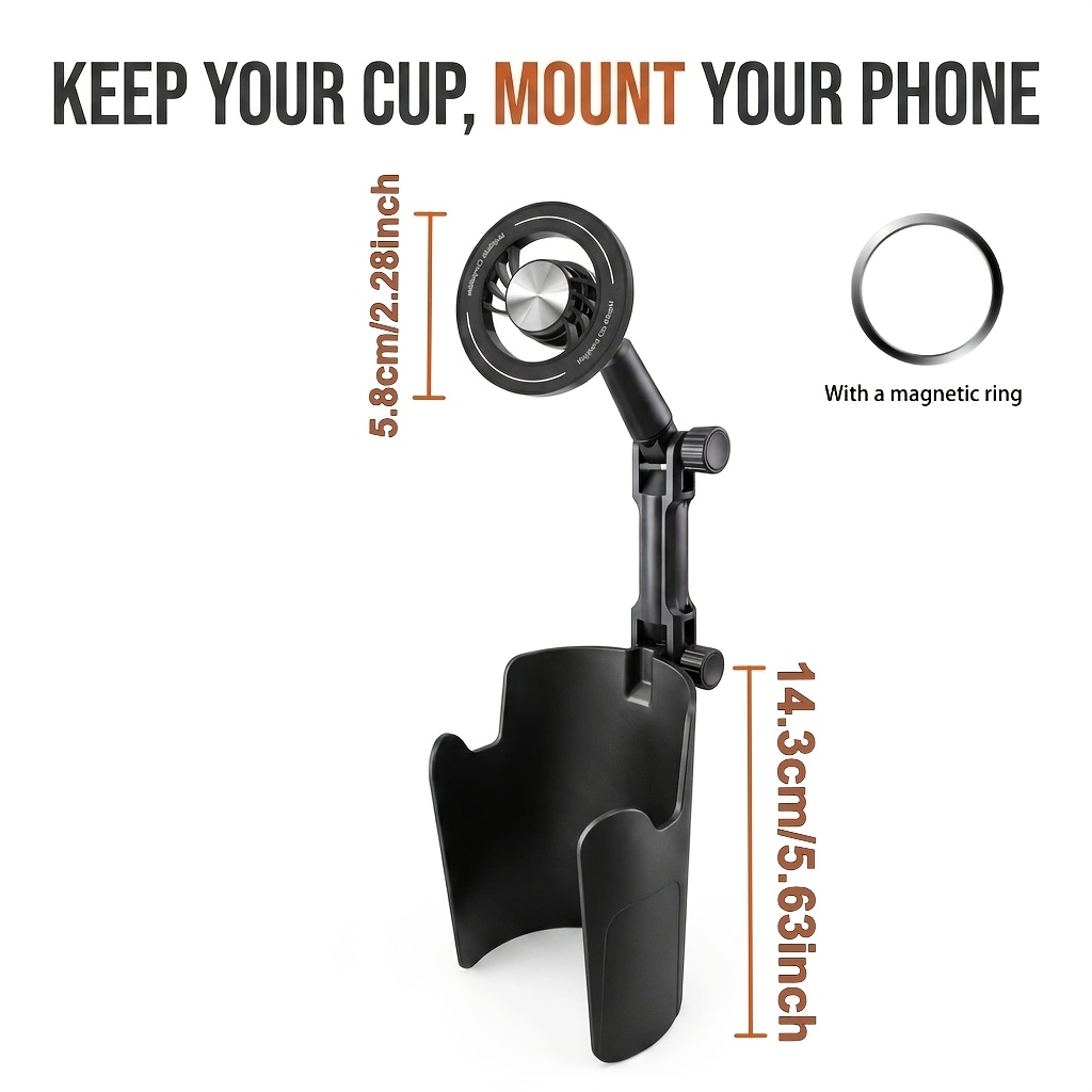 TEMU Magnetic Car Phone Holder Mount, Cup Holder Insert Phone Mount With Adjustable Arm, Space-saving Center Console Smartphone Holder, Magnetic Ring