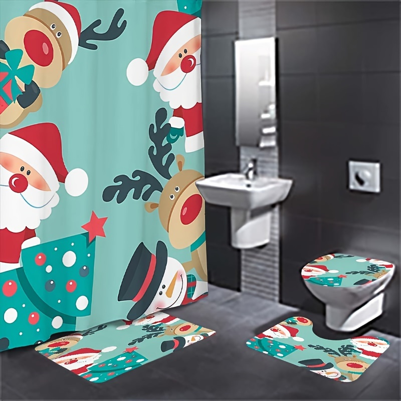 

Christmas Holiday Bathroom Set - Polyester Decorative , , , & Snowman - Includes -slip Bath Mat, U-shaped Rug, Lid & 12 -install , For And - For Housewarming And