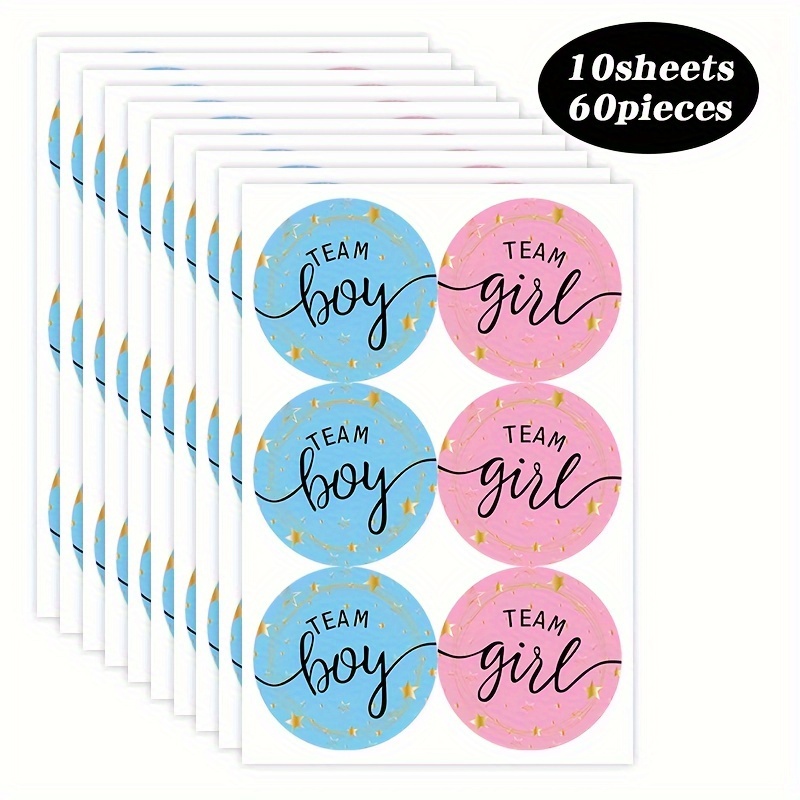 

60pcs Gender Reveal Party Stickers - Team Labels For Boxes, Favors & Decorations - Assorted Colors