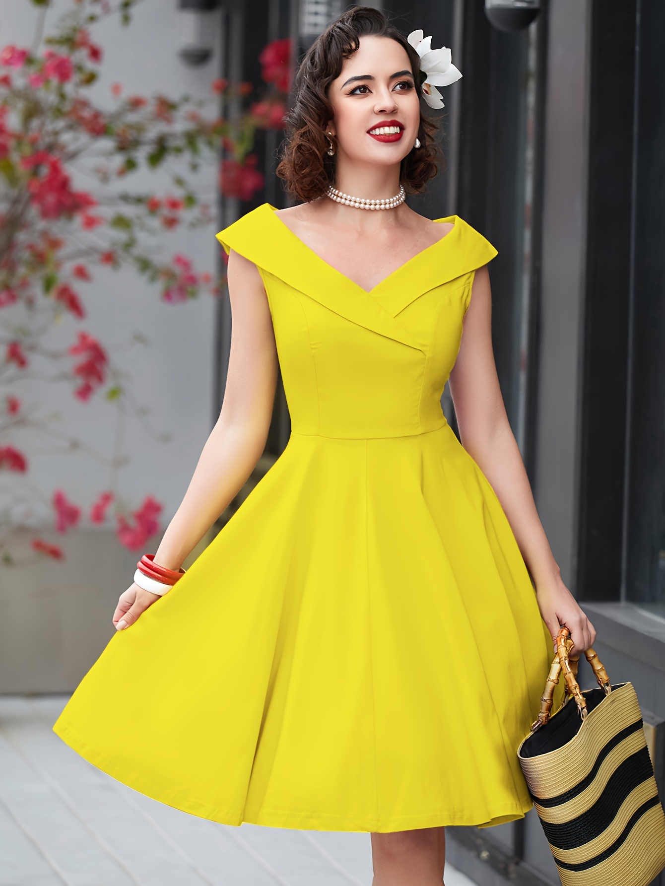 vintage 1950s a line swing dress v neck long sleeve - Temu
