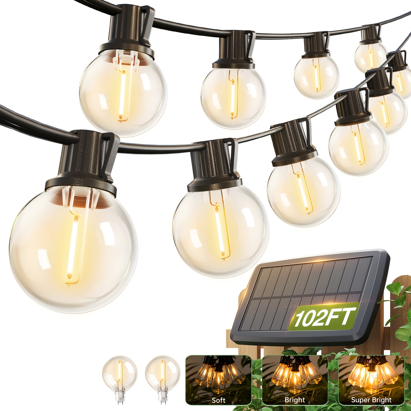 TEMU Solar Lights Outdoor Waterproof, Led String Lights With Shatterproof G40 Dimmable Bulb, Strong-weak-flash-breath 4 , Solar Outdoor Lights For