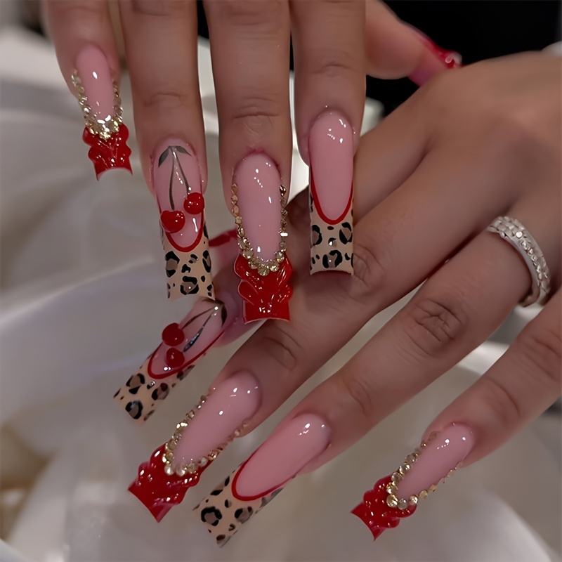 TEMU 1 Set 24pcs Long Square Press-on False Nails Leopard Print 3d Sweet Cherry Golden Rhinestone Suitable For All Women And Box Includes Nail Scrubs