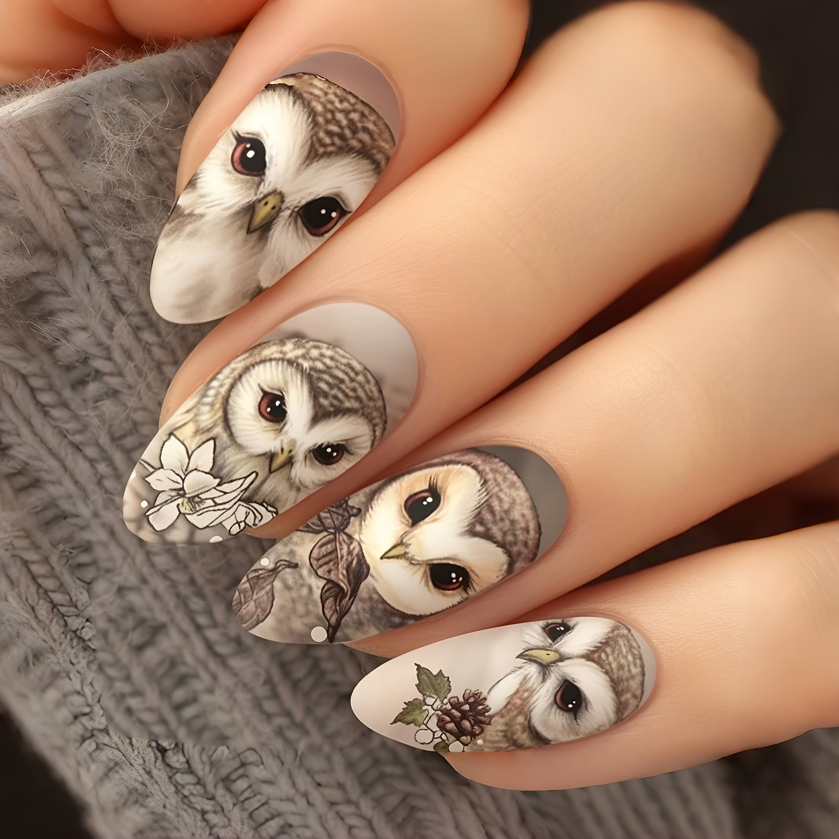 

24pcs Cute Owl Press-on Nails Set - Matte , Medium Shape, Mixed Colors - Care