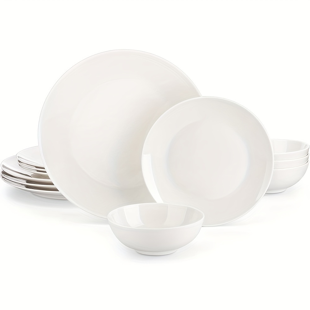 Bone China Dinnerware Set For 4, 12pcs Cream-white Plates And Bowls Set, Scratch Resistant Dinner Plates, Dessert Plates Small Cereal Bowls, Dishwasher And Microwave Safe