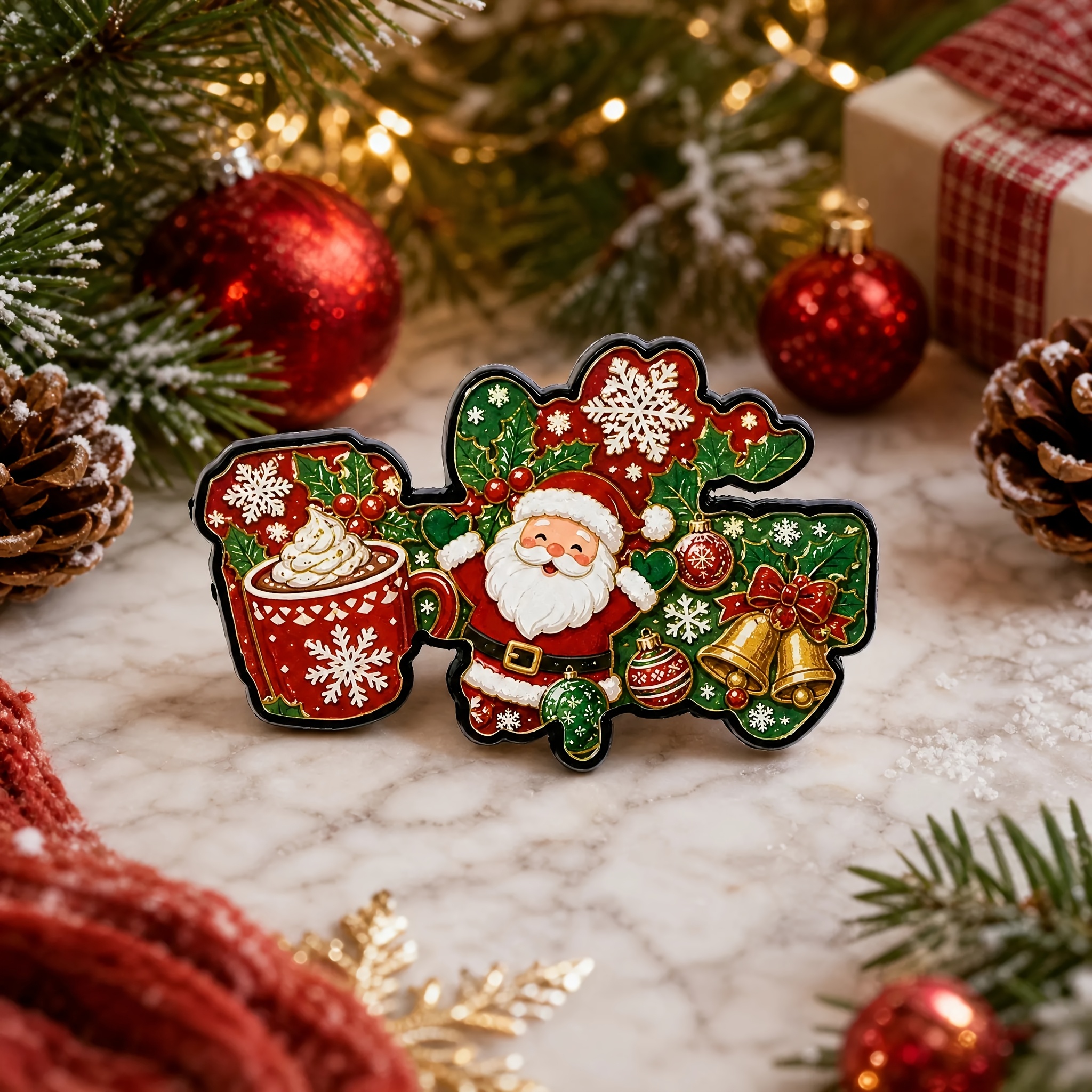 TEMU Christmas Holiday Scene Enamel Pin, Color-block Alloy Badge With Santa Claus, Bell, And Cup Design, Holiday Gift For Jackets And Backpacks,