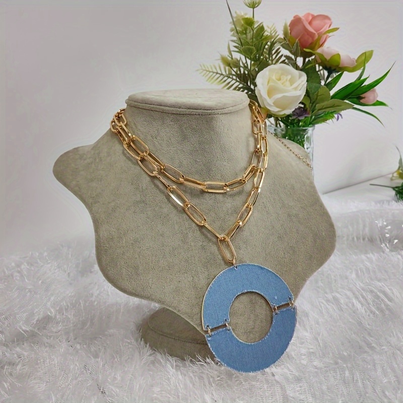 

Chic Light Blue Denim Donut Pendant Necklace With Double-layered Golden Link Chain - Vintage Hip Hop Style Choker For Women