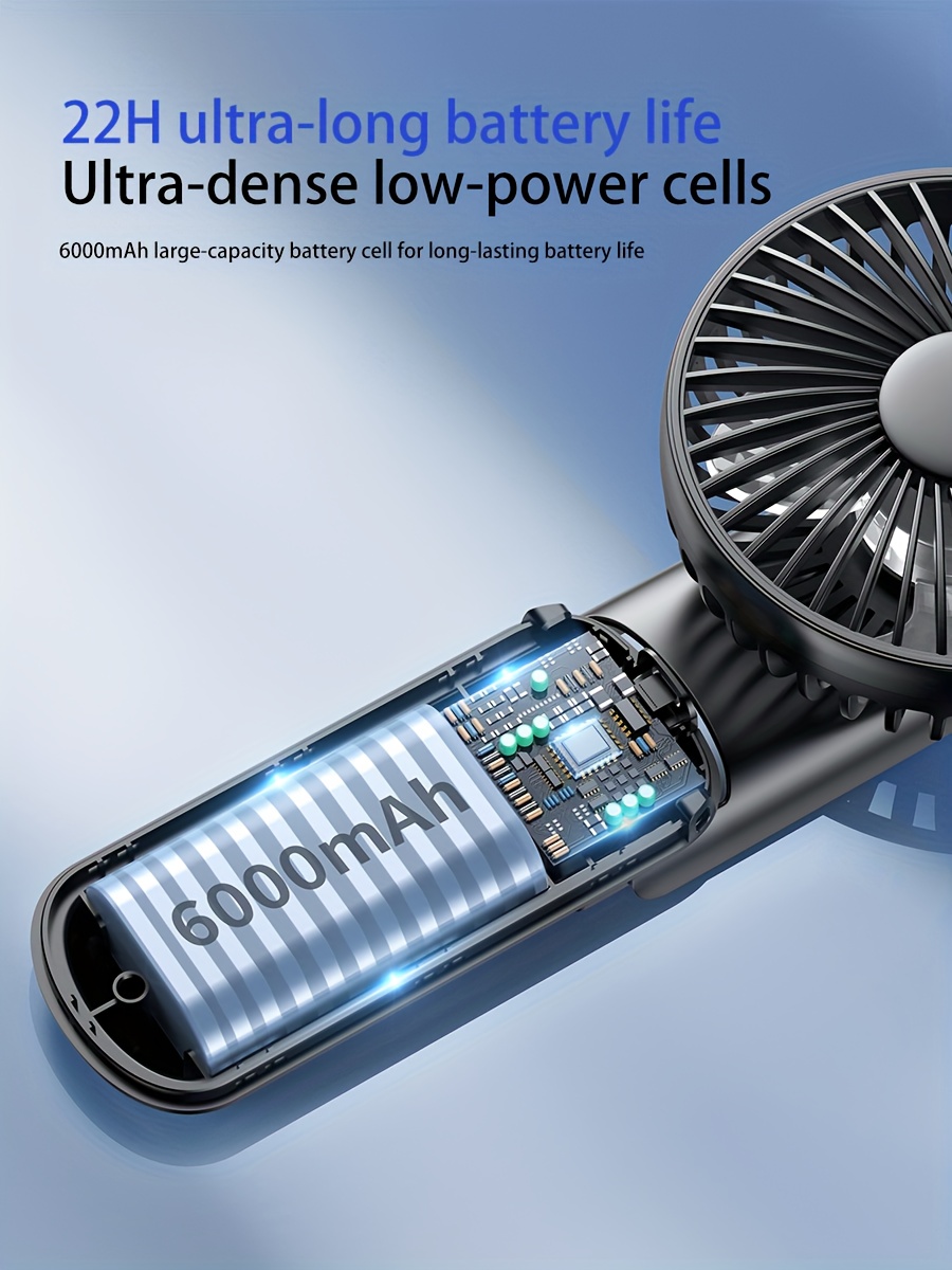 Handheld folding fan with USB charging, suitable for desktop office use, bedroom, outdoor travel, camping, neck hanging, students' classes, five wind levels, power level display, long-lasting battery life of 6000mAh, with charging treasure function